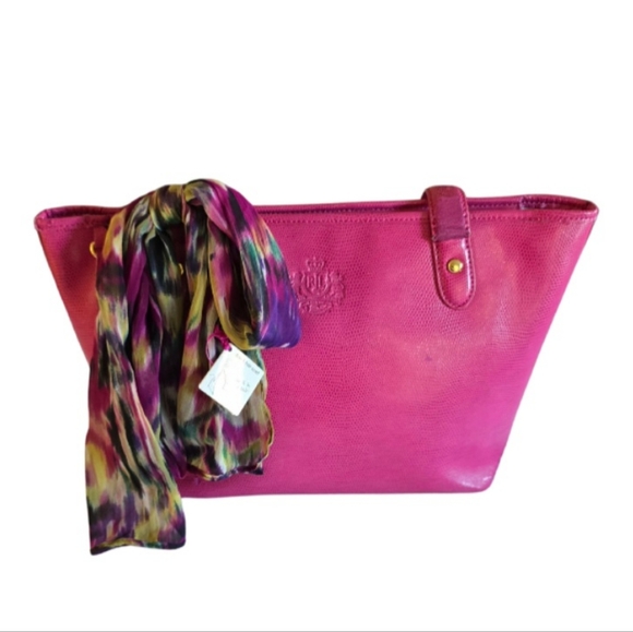 Lauren Ralph Lauren Newton Shopper Tote Hot Pink Leather Large Purse w/ Scarf - Picture 3 of 16